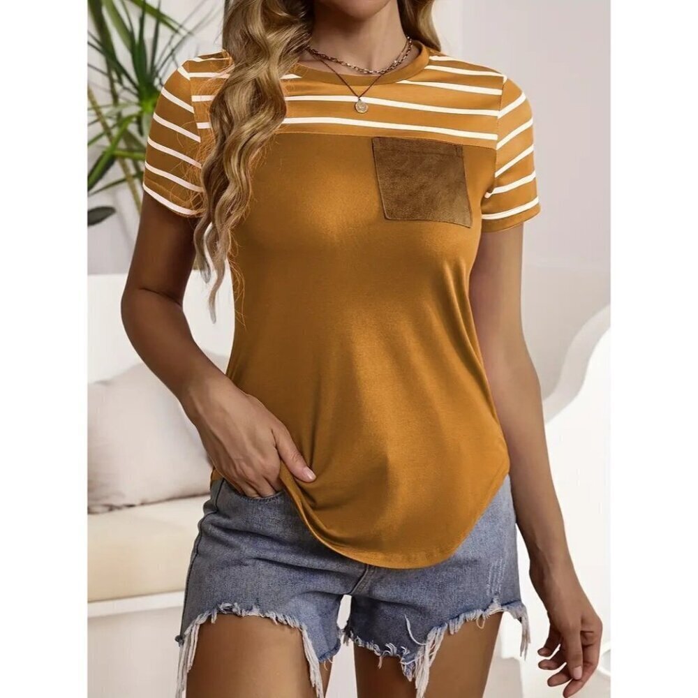 SHEIN Women's Striped T-Shirt Faux Suede Pocket Multicolor Size M Short Sleeve